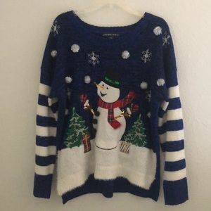 Blue and white christmas sweater SNOWMAN!
